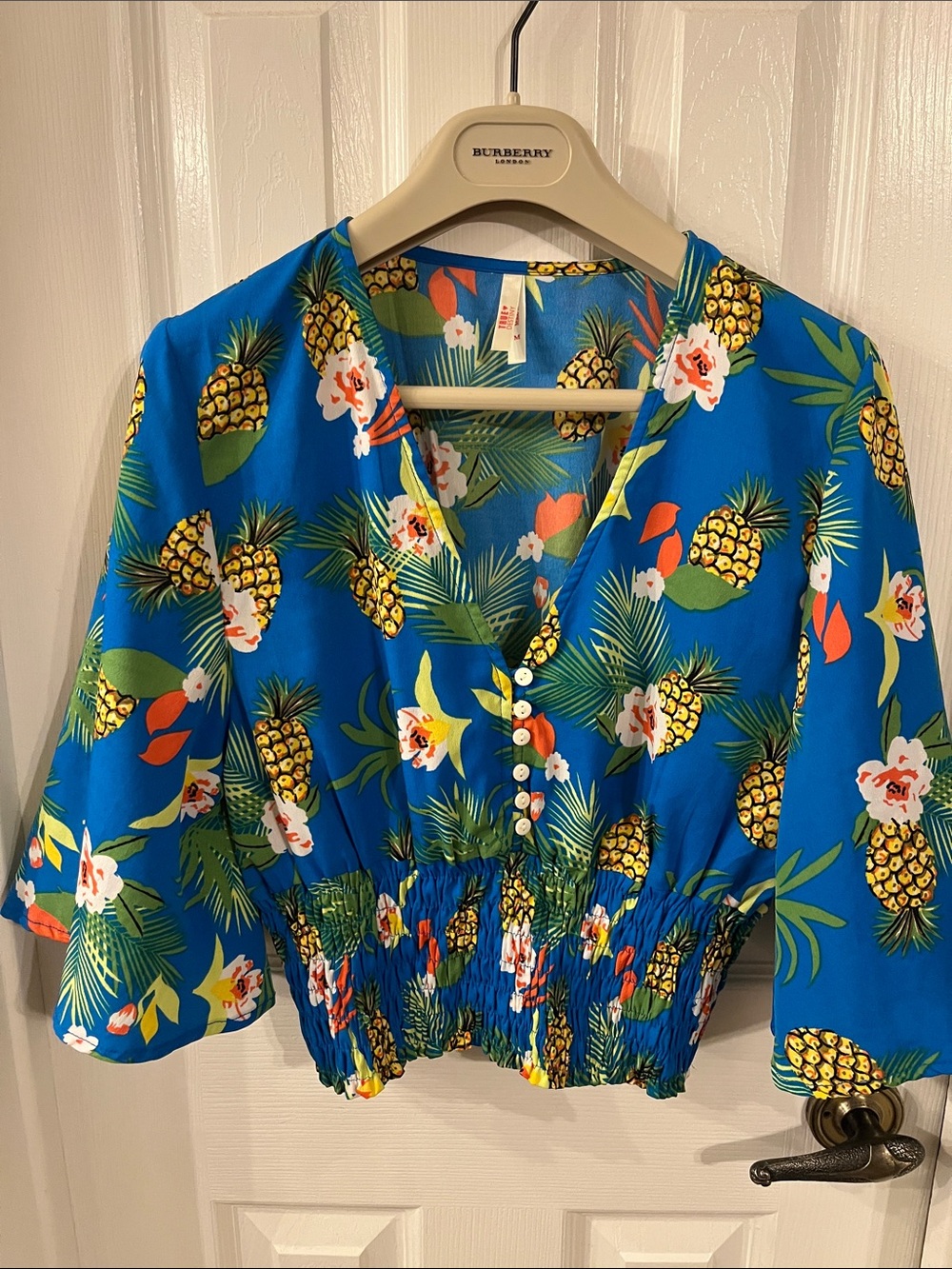 True Destiny Blue Pineapple-Print Button Front Blouse size medium